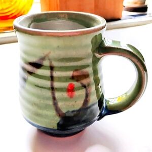 RARE Cynthia Bringle 4"H 1.25 Cup Studio Pottery Brushwork Mug Blue/Green/Red